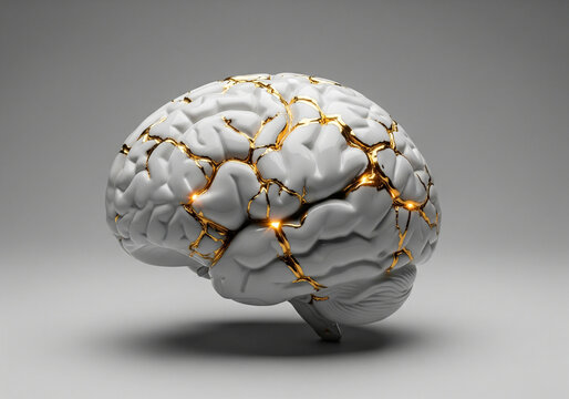 White porcelain human brain sculpture repaired with gold kintsugi cracks healing trauma concept.