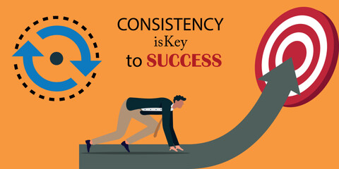 Success with Consistency Concept Illustration, Businessman Character with Growth and Achievement Message, Motivation Strategy Vector Design