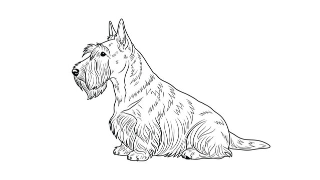 Elegant black and white sketch of a Scottish Terrier dog sitting in profile showing its unique bearded face and fur texture.