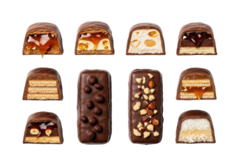 Nine dark chocolate bars, cut open revealing caramel, nougat, wafers, nuts, coconut, 3x3 grid on white background. Concept of gourmet chocolate indulgence