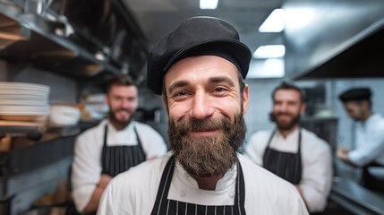 A professional chef with a friendly smile and a neatly trimmed beard stands in a bustling kitchen, his team visible behind him, ready to create culinary masterpieces.