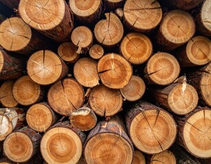 Fototapeta premium Stacked cross-sections of freshly cut logs, full frame