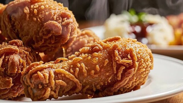 Crispy golden fried chicken pieces served on a white plate with sides in the background