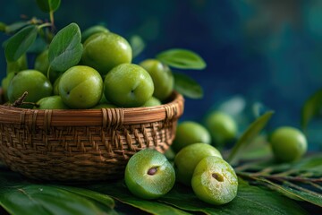 Close-up of green plums in a basket, with leaves and a blurred blue background