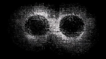 Abstract black and white pixelated image with two dark circles