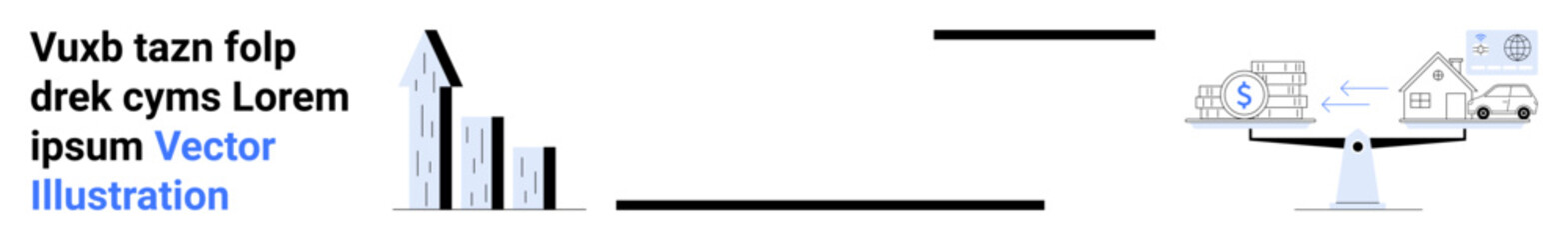Fototapeta premium Financial management, economic growth, budget planning, home loans, wealth balance, savings strategy. Bar graphs and a scale weighing housing and savings. Financial management and economic growth