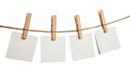 Blank papers hanging on a rope using wooden clips in a simple indoor setting with plain background