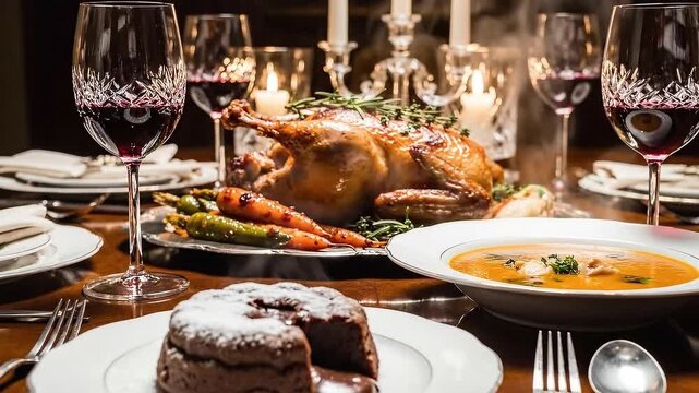 A festive dinner with a roasted turkey, colorful vegetables, rich soup, and red wine glasses