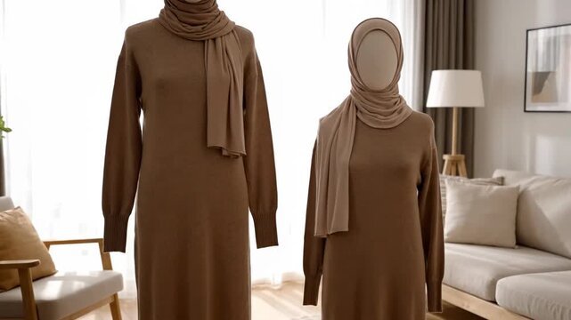 Two mannequins display elegant modest fashion in a cozy home setting. The warm brown dresses and hijabs reflect contemporary Islamic style.