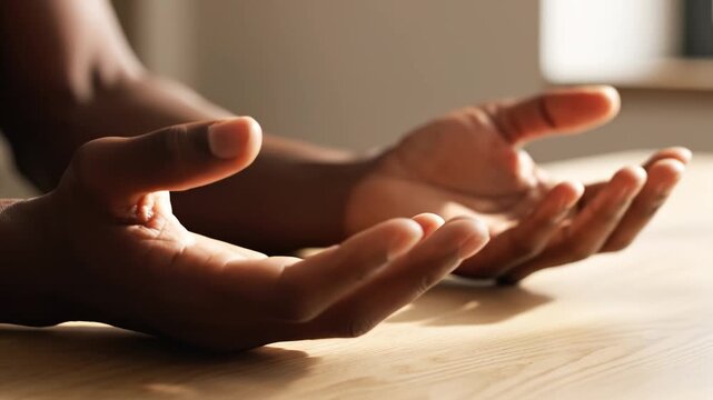 Hands with Ring on Wooden Table