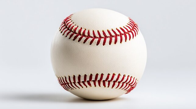 A brand new baseball on a solid white background. The baseball is crisp white and has a bright red stitching. It is perfect for sports teams and athletes.