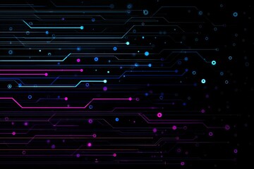 Digital circuit board illustration with a network of glowing lines and circles on black