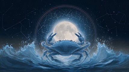 Digitally created illustration of a Cancer zodiac symbol with a full moon and starry night sky