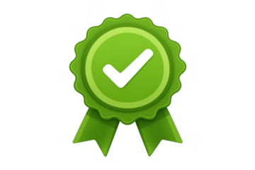 Green certified badge checkmark representing quality, approval, and guarantee, transparent background included