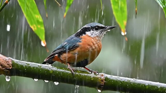 Detailed close-up of a vibrant nuthatch perched on a wet bamboo branch standing resiliently during a heavy tropical rainstorm in a lush natural forest environment.
