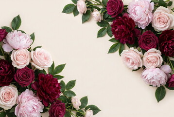 Flowers frame background. Card blank mockup with space for text. Pale pink peonies, roses, bordo peones, white ranuncylus on pale beige background. Greeting card , floral card, holiday background