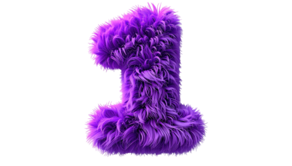 A vibrant, fluffy, and stylized digit "1" rendered in a saturated purple hue, floating against a solid black background. The fur-like texture is detailed