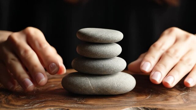 Hands stacking smooth stones