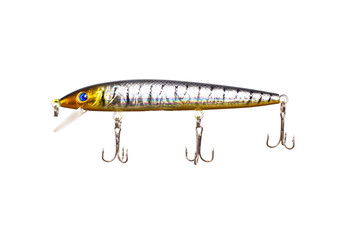 Fishing lure with silver and gold body pattern, blue eyes, three sharp treble hooks, isolated on white background for fishing equipment © HENADZY