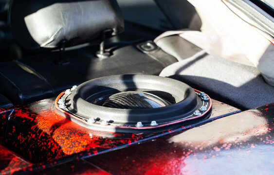 Massive Speaker Array For Car Audio Competition. Multiple Woofers In A Custom Glitter Enclosure.