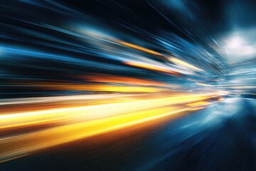 Dynamic, abstract streaks of vibrant orange and blue light create a sense of rapid motion