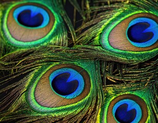 Fototapeta premium Close-up of peacock feathers, displaying eye-like ocelli and vibrant colors