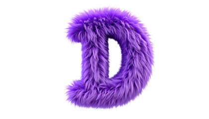 A vibrant, fluffy, purple letter "D" isolated against a black background. Its texture resembles soft fur