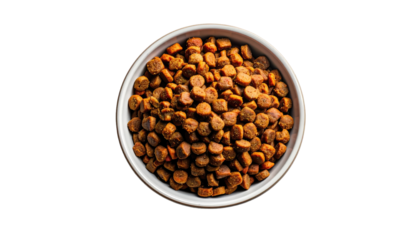 A close-up, top-down view of a ceramic bowl filled with brown, pellet-shaped pet food. The bowl sits against a stark black background