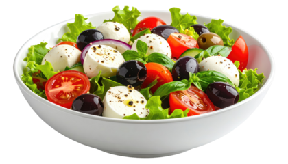 A vibrant bowl showcasing a fresh Caprese salad. Ingredients include mozzarella balls, tomatoes, olives, lettuce, onion, and basil, arranged artfully