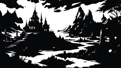 Black and White Fantasy Castle River Landscape Scene Wallpaper