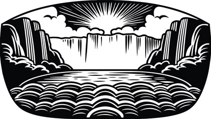 Black and White Waterfall Landscape Woodcut Style Vector