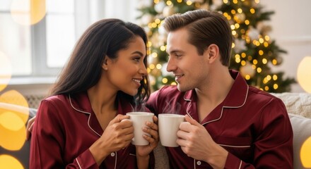 Cozy christmas morning: diverse couple in red pajamas with mugs
