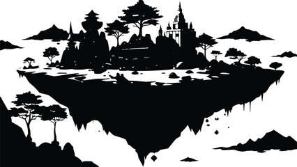 Black and White Floating Island City Silhouette Landscape Scene Wallpaper
