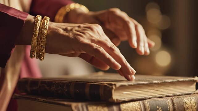 Hands with gold bangles on old book