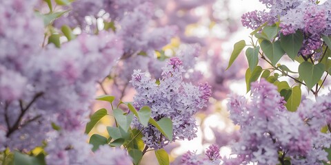 A close up view of lilac flowers and green leaves on a sunny day outdoors