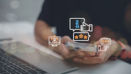 Customer hand holding smartphone with virtual star rating icons. Concept of satisfaction survey, positive feedback, service quality review, and excellent user experience.
