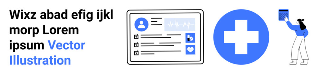 Obraz premium Healthcare technology, digital records, medical data, patient information, telemedicine, and healthcare communication. Profile card, medical cross and person holding file. Healthcare technology