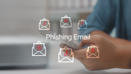 Smartphone user receiving phishing email warning with hook icons. Cyber security concept about scam, fraud, and spam messages. Hacker attack via fake mail.