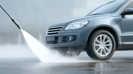 Professional Vehicle Wash Service in Action with Water Spraying on a Car, Showcasing Modern Cleaning Techniques and Equipment for Automotive Care