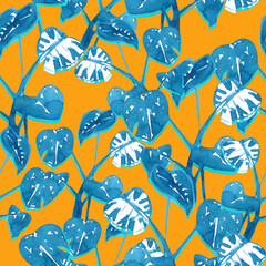 Summer exotic jungle tropical foliage seamless watercolor pattern on orange background © AineGing