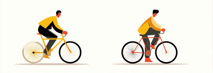 Two vector illustrations of men riding bicycles against a white background