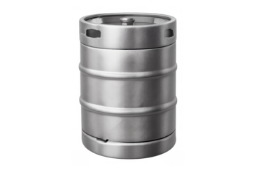 Stainless steel beer keg, used for storing and dispensing draft beer. Ideal for themes of brewing, parties, and beverages