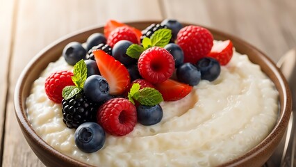 Bowl of creamy porridge topped with fresh berries and mint leaves blueberries raspberries