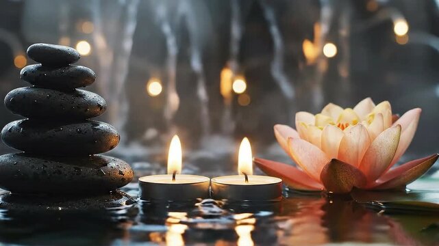 Relaxing spa scene with balanced zen stones, floating lotus flower, and burning candles reflecting on the calm water surface, symbolizing wellness and tranquility.