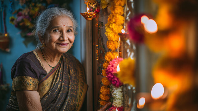 Indian woman decorating home entrance with lights on Dhanteras.
