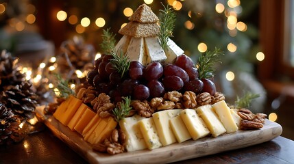 Festive culinary composition of cheeses, grapes, and nuts, in a pyramidal display