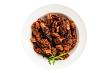 Obraz premium Morels mushrooms natural mushroom healthy food ingredient appetizer fresh tasty gourmet food background on the table rustic food top view copy space keto and paleo diet vegetarian and vegan food