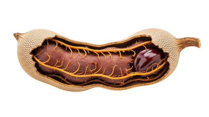 Ripe tamarind fruit cross section showing brown pulp orange fibers and seeds on black background image