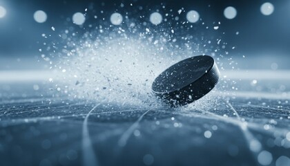 Dynamic ice hockey puck impact on frozen rink with snow spray
