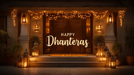 Dhanteras home entrance decorated with diyas and lights.